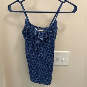 Blue Printed Spaghetti Strap Tank with Ruffle Neck